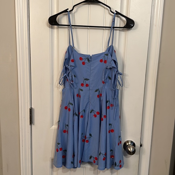 Lovers and Friends Cassie Mini Dress Fit &Flare Size XS Blue Cherries Open Sides - Picture 7 of 15